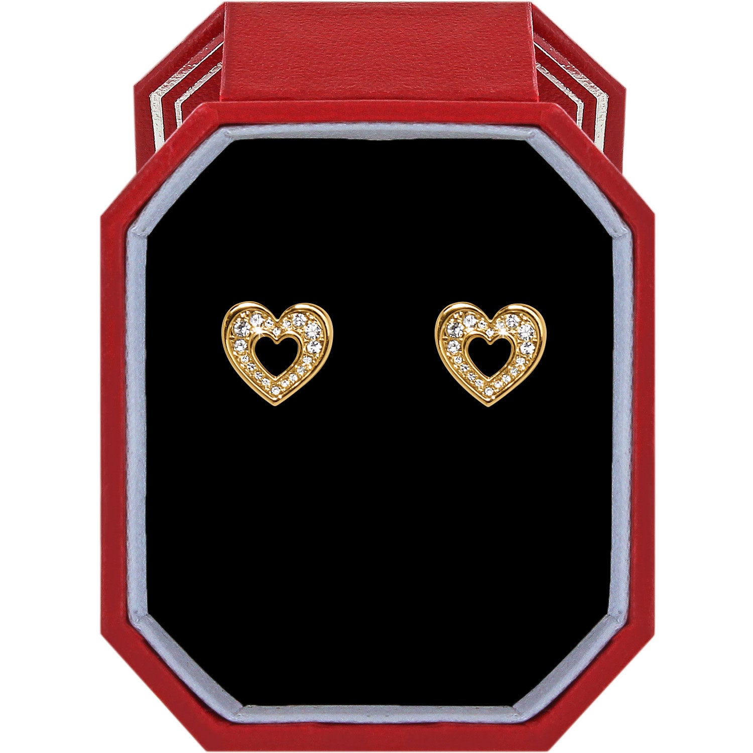 Gold plated post earrings featuring a heart silhouette outlined with hand-set crystals.
