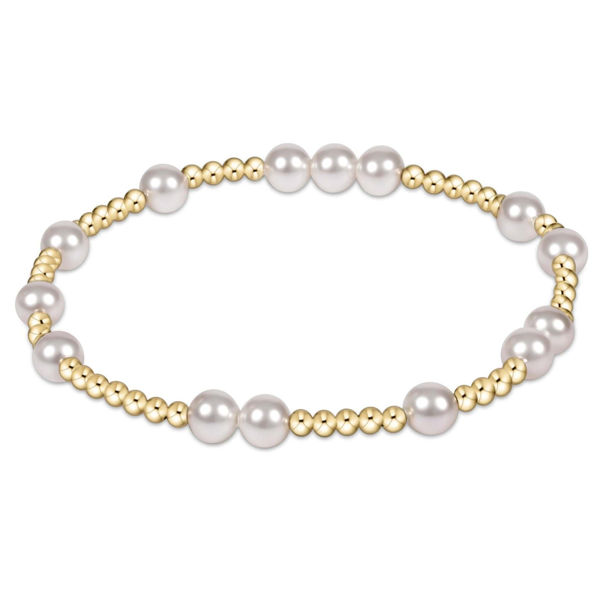 Enewton Hope Unwritten bracelet featuring a stretchy elastic band with alternating 6mm pearls and 2mm gold-filled beads.