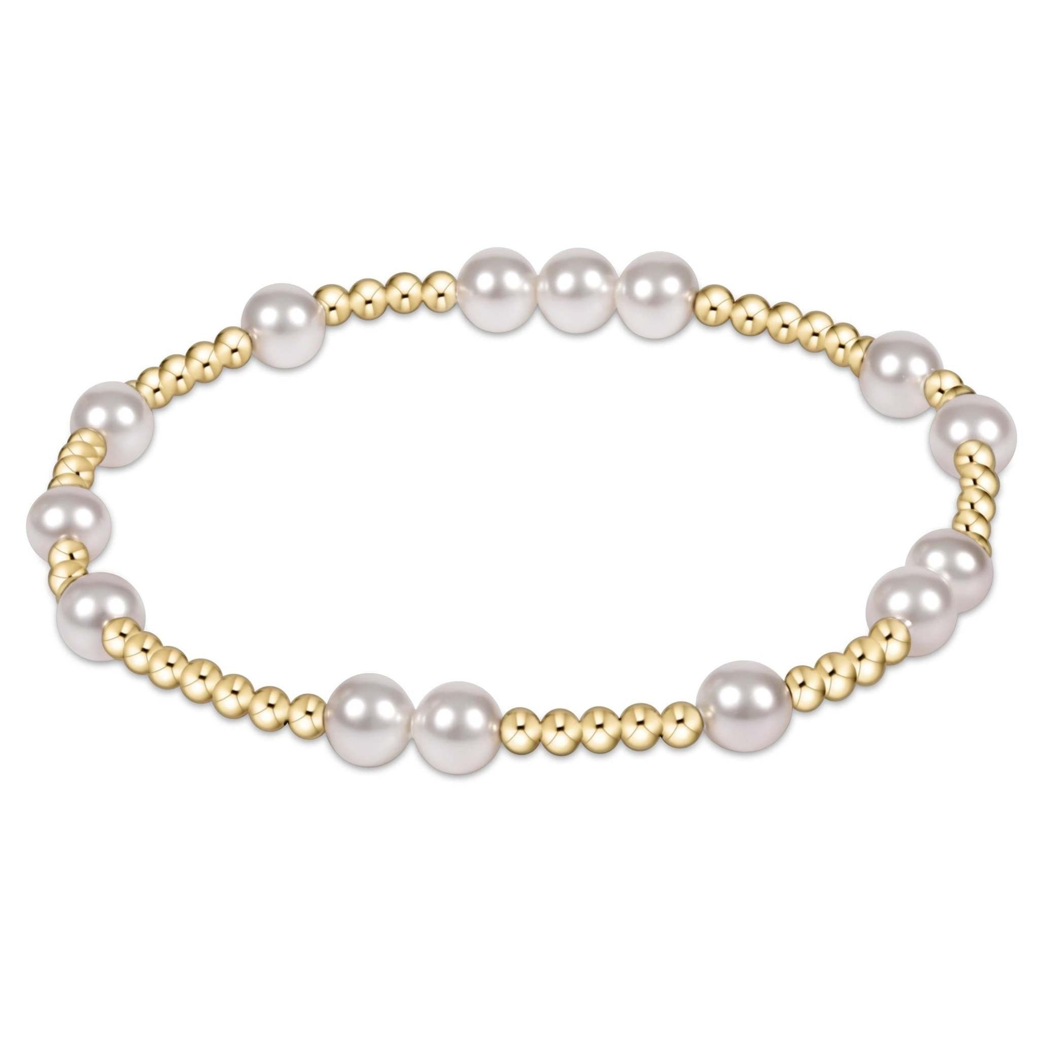 Enewton Hope Unwritten bracelet featuring a stretchy elastic band with alternating 6mm pearls and 2mm gold-filled beads.