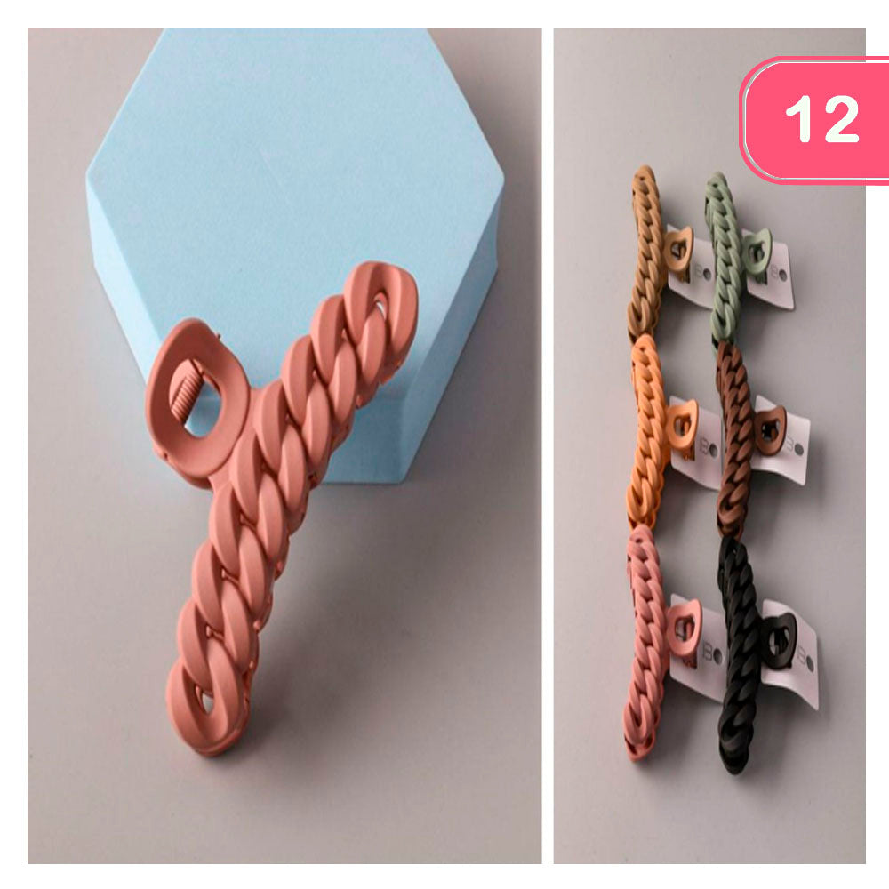 Plastic chain link claw clip in clear transparent color with silver metal accents.
