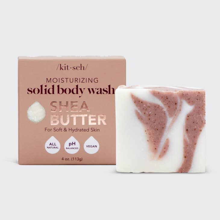 Shea Butter solid body wash bar with natural exfoliants in a creamy beige color.