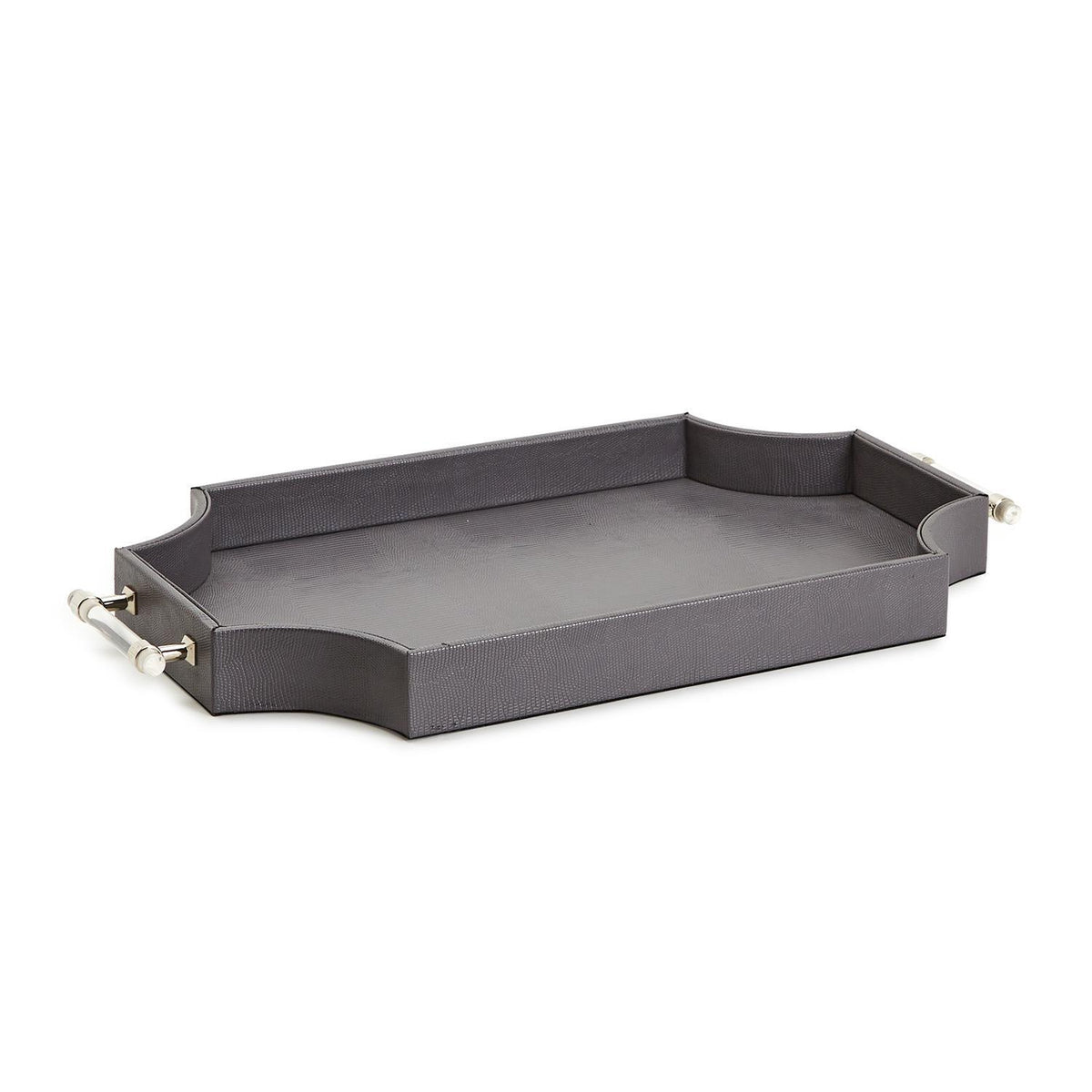 Regency decorative rectangle tray with vegan leather wrap, genuine acrylic handles, felt bottom protector.