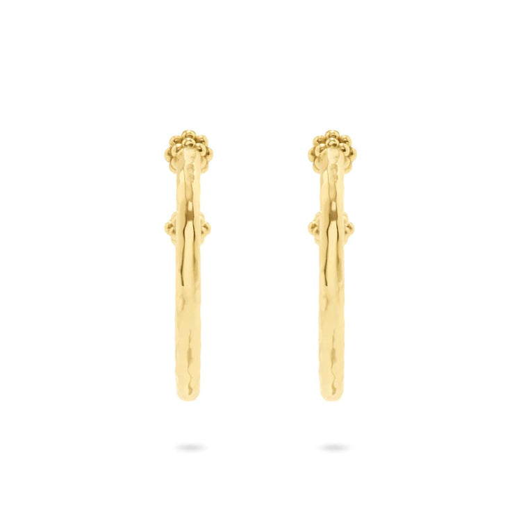 Gold-plated brass medium hoop earrings featuring a berry slice pendant with natural artisanal imperfections.