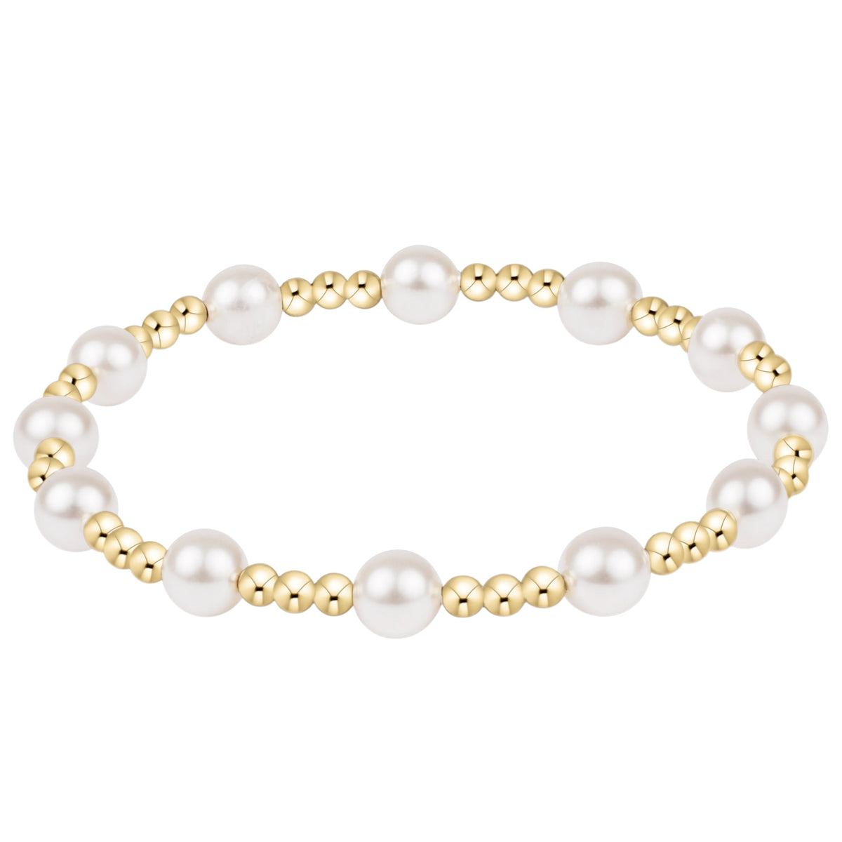 Sincerity Pearl bracelet featuring 6mm crystal pearls with 3mm gold-filled beads on stretch elastic.