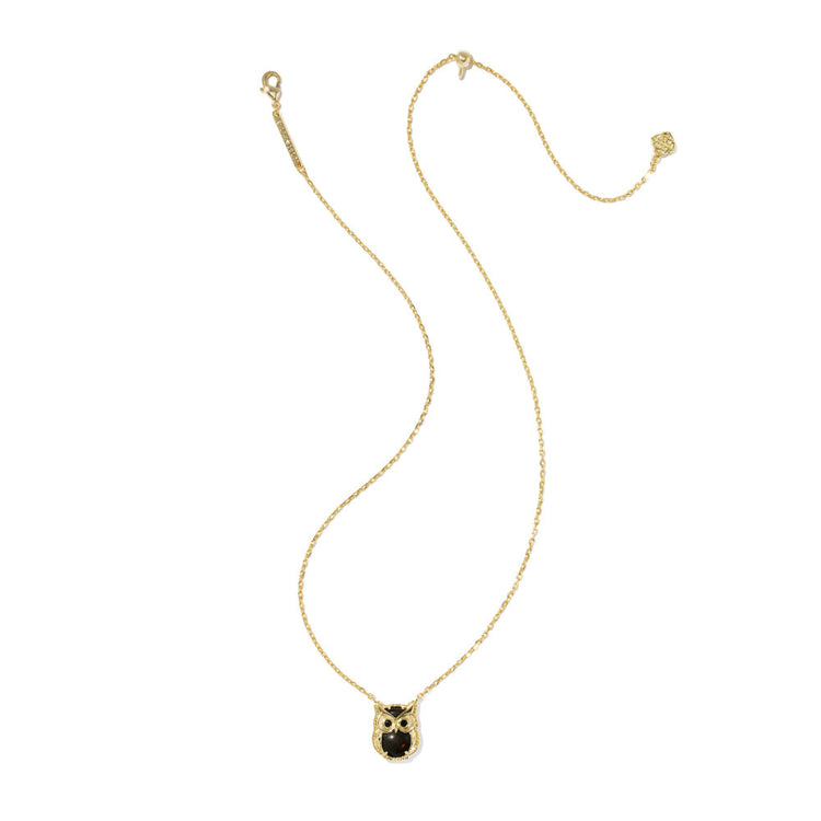 Owl Short Pendant Necklace in Gold with a Gold Sheen Obsidian stone on a 16-inch chain.