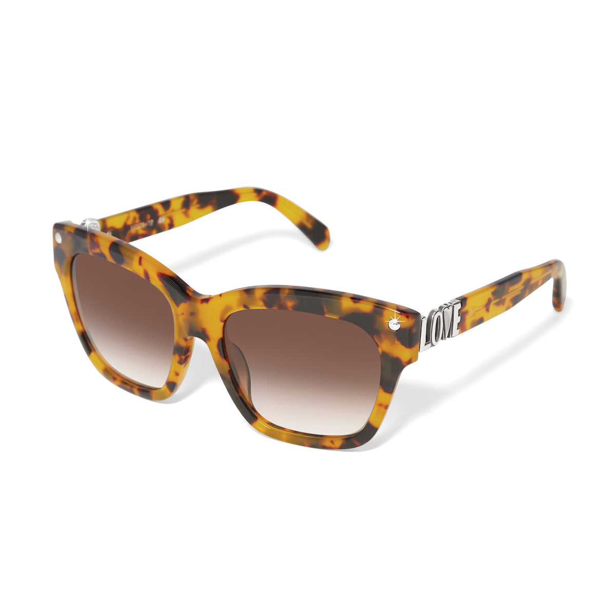 Tortoise shell cat eye sunglasses with brown gradient lenses and silver 'LOVE' temple accents.