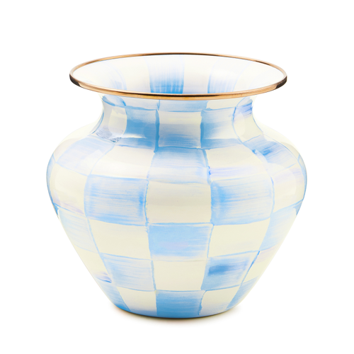 Hand-painted sky blue check vase with bronzed stainless steel rim on heavy-gauge glazed steel