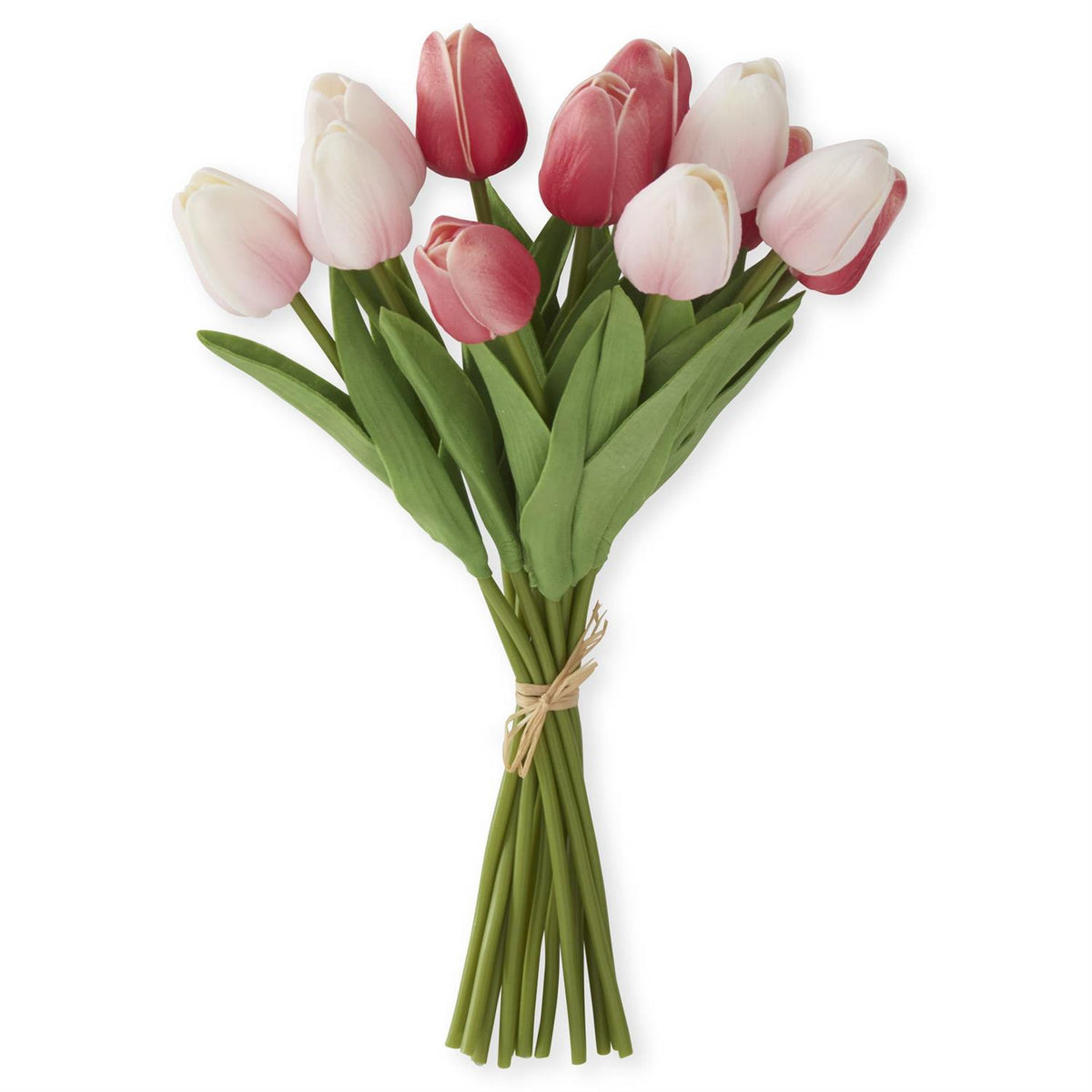 13-inch real touch mini tulip bundle with pink and white flowers tied with a raffia bow.