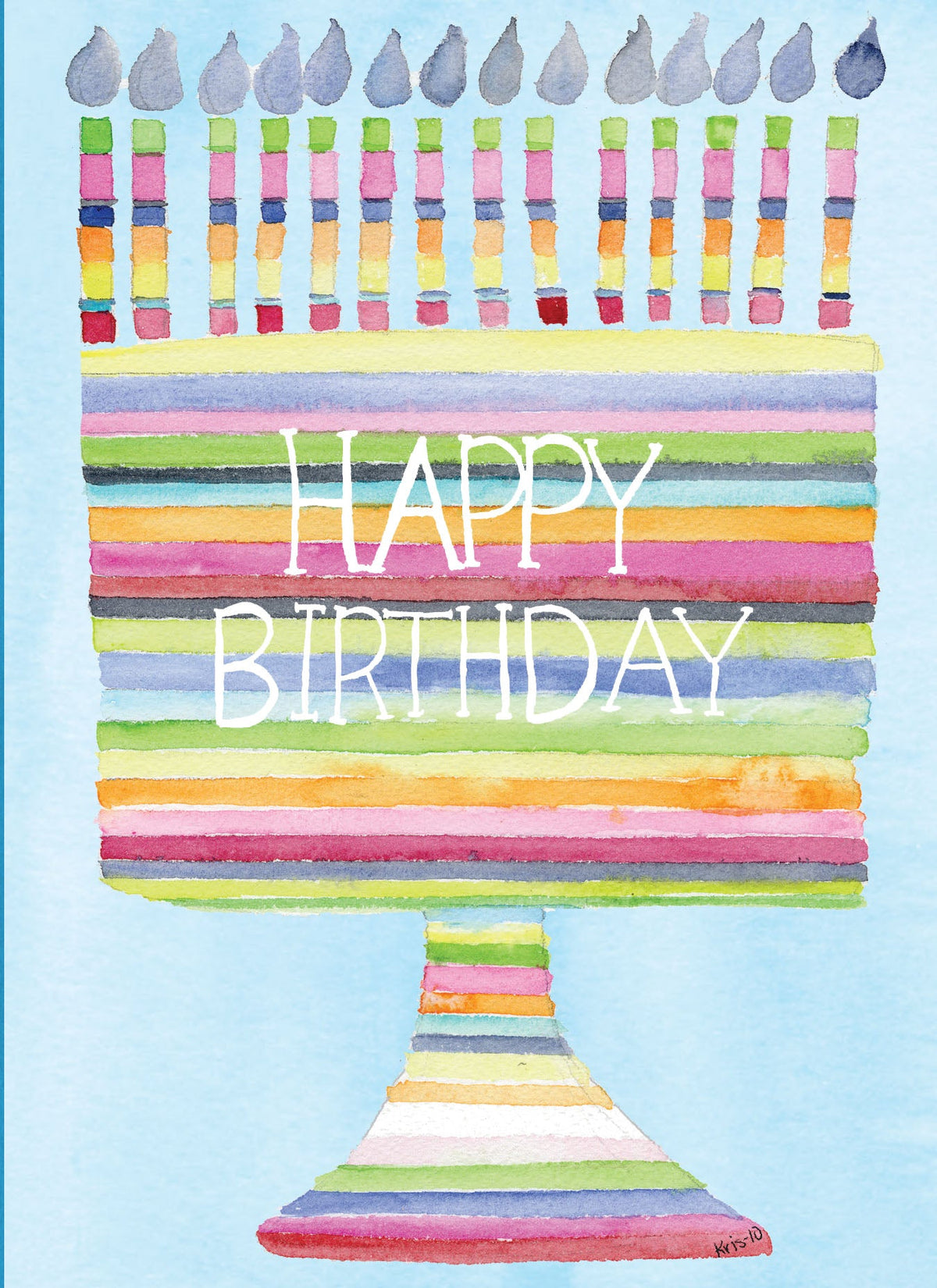Watercolor illustration of a colorful layered rainbow cake with 15 candles and Happy Birthday text.
