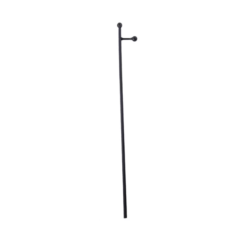 Single black metal display stake with a ball finial and a side hook for hanging art and charms.