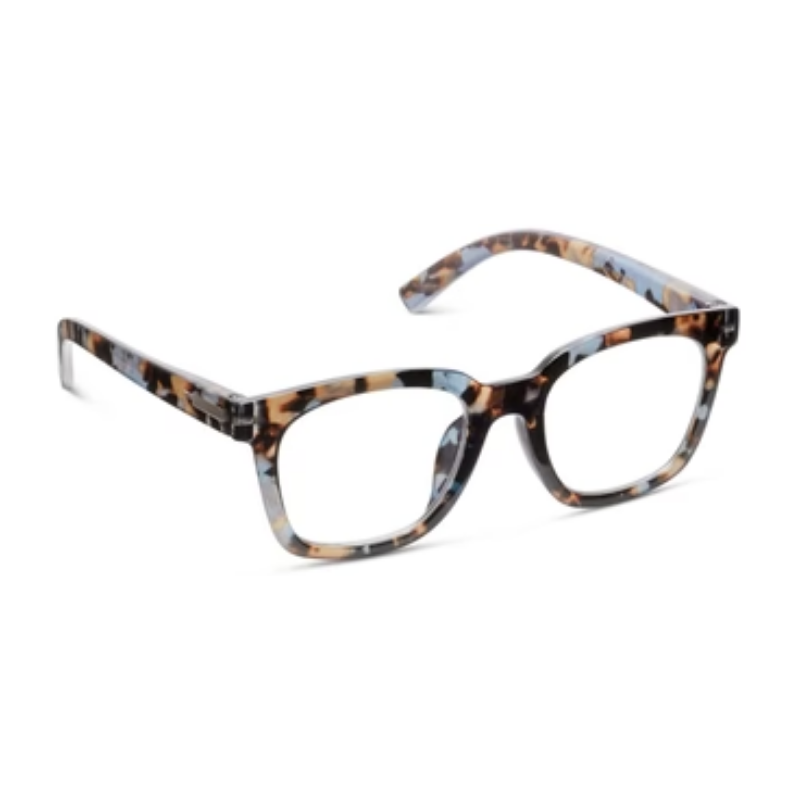 To the Max progressive glasses with square blue and brown tortoiseshell frames.