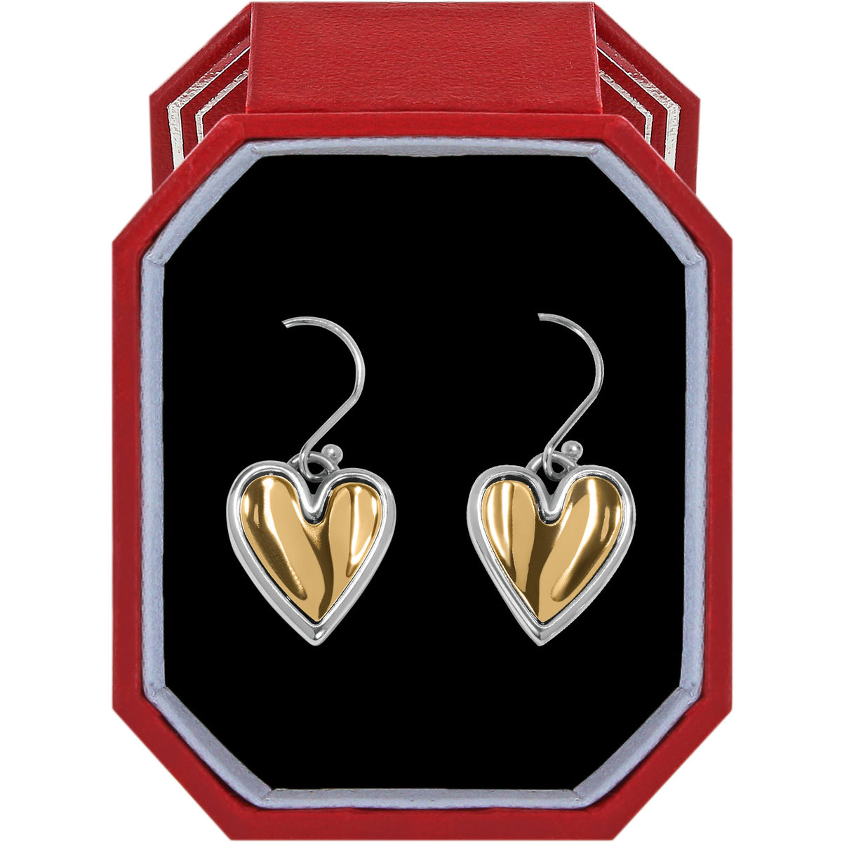 Two-tone silver and gold heart-shaped French wire earrings in a red octagonal gift box.