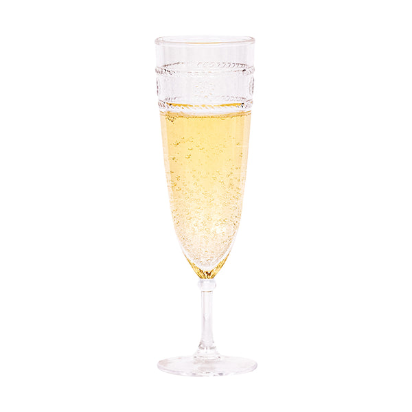 Isabella Acrylic Flute filled with a bubbly yellow beverage against a white background.