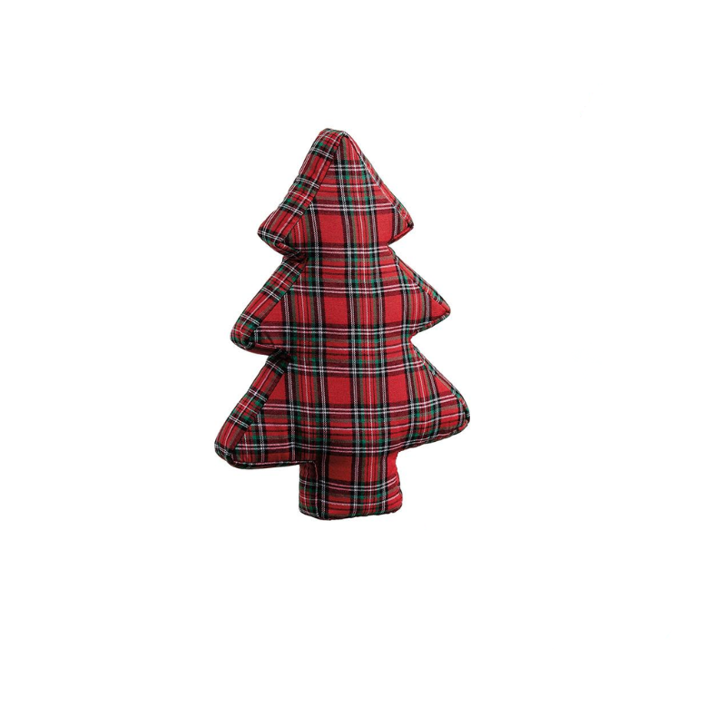 Red and green plaid fabric Christmas tree tabletop decoration with a soft, stuffed design.