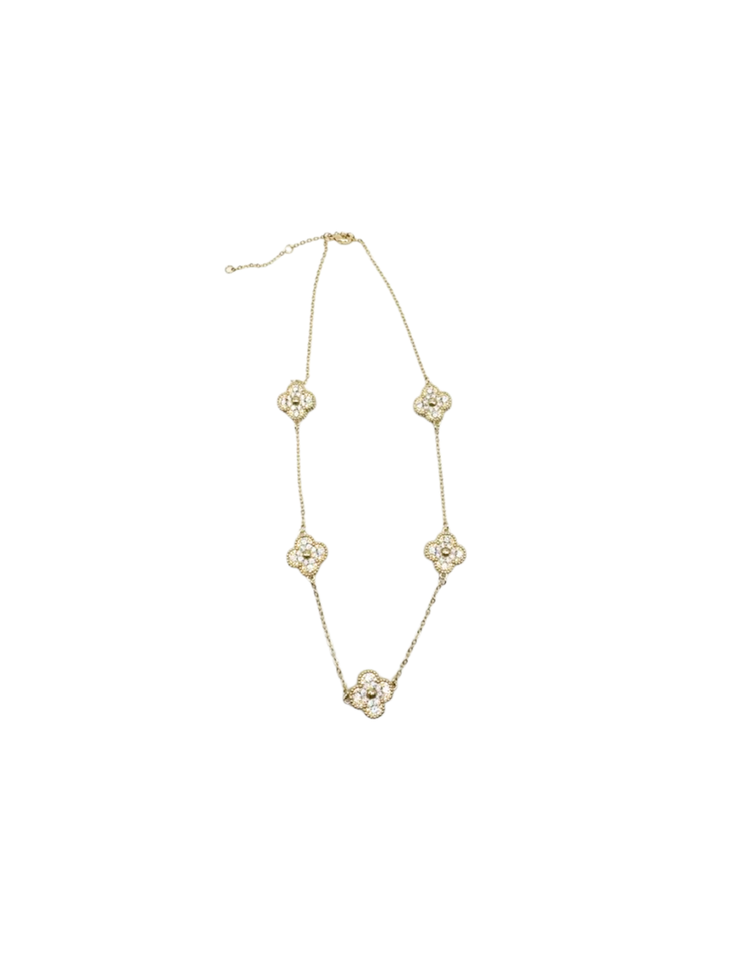Gold chain necklace featuring five clover-shaped pendants set with clear cubic zirconia stones.