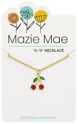 Gold Cherry Mazie Mae necklace featuring a cherry pendant on a hypoallergenic chain.