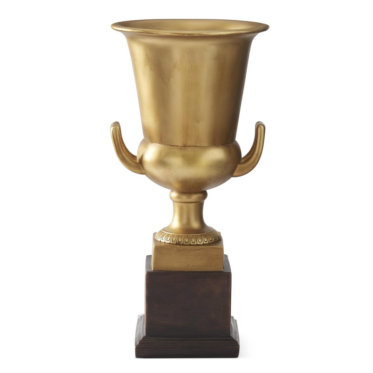21.75 inch gold resin trophy urn with two handles on a dark brown square pedestal base.
