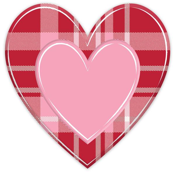 Metal heart ornament with embossed plaid pattern in red, light pink, and white.