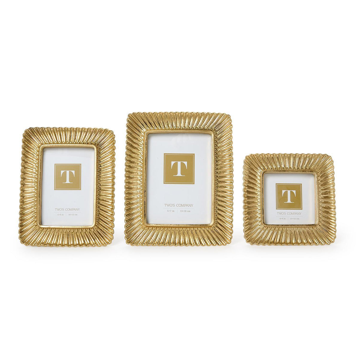Three gold sculpted scalloped plume photo frames in varying sizes displayed against a white background.