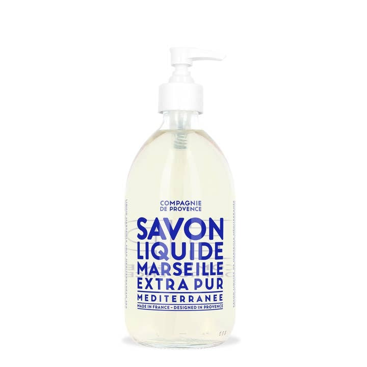 Compagnie de Provence Liquid Marseille Soap Mediterranean Sea in a 16.7 fl oz glass pump bottle.