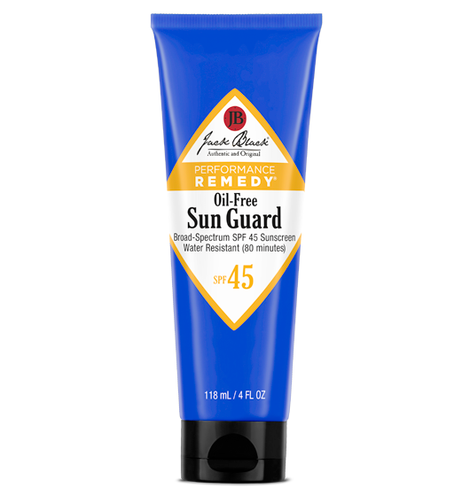 White bottle of Oil-Free Sun Guard SPF 45 sunscreen with pump dispenser.