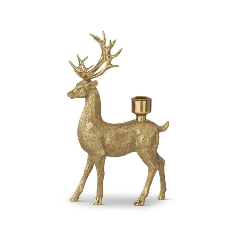 Gold resin deer taper candleholder with realistic texture and large antlers.