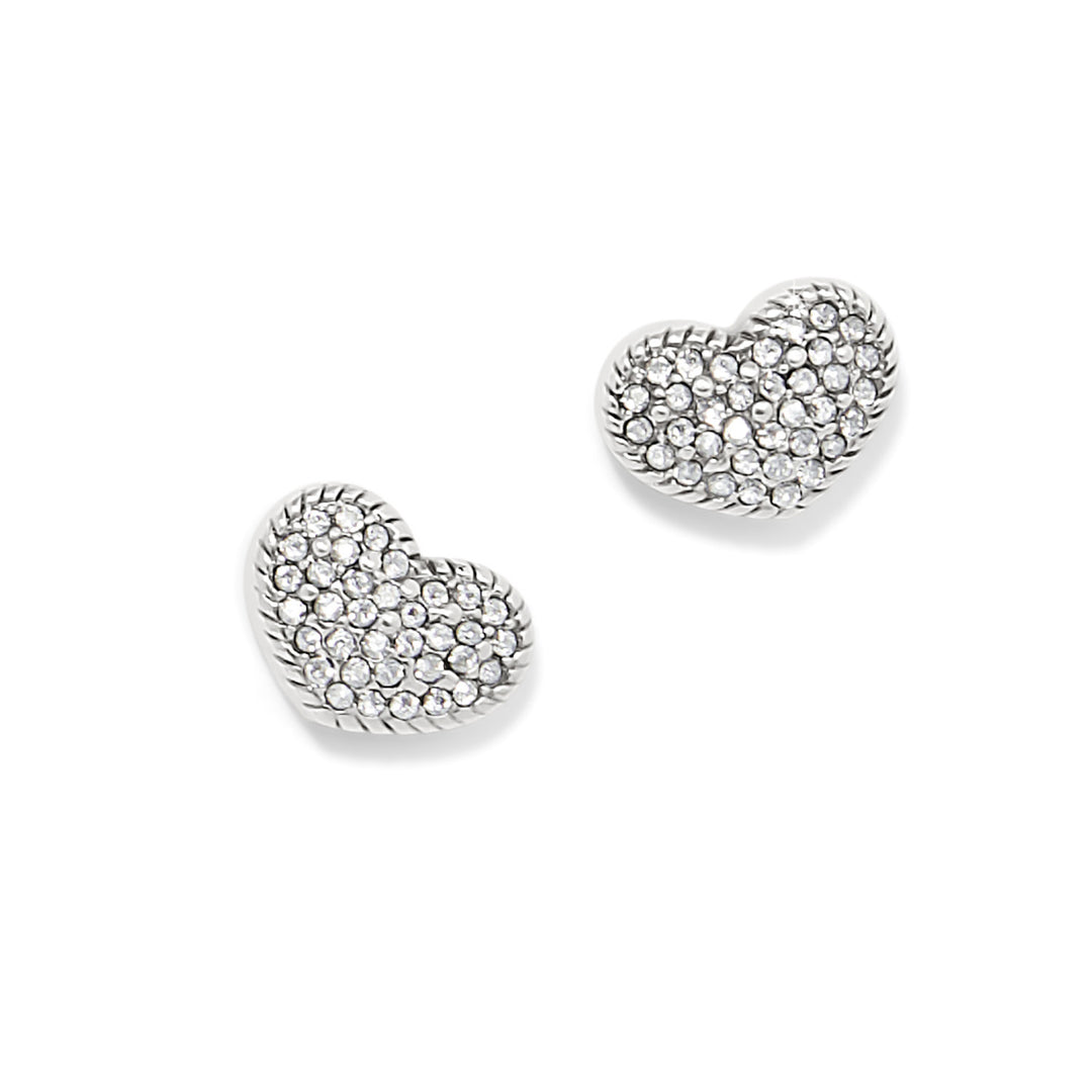 Silver plated heart-shaped post earrings with pavé set fine quality crystals and rope border.