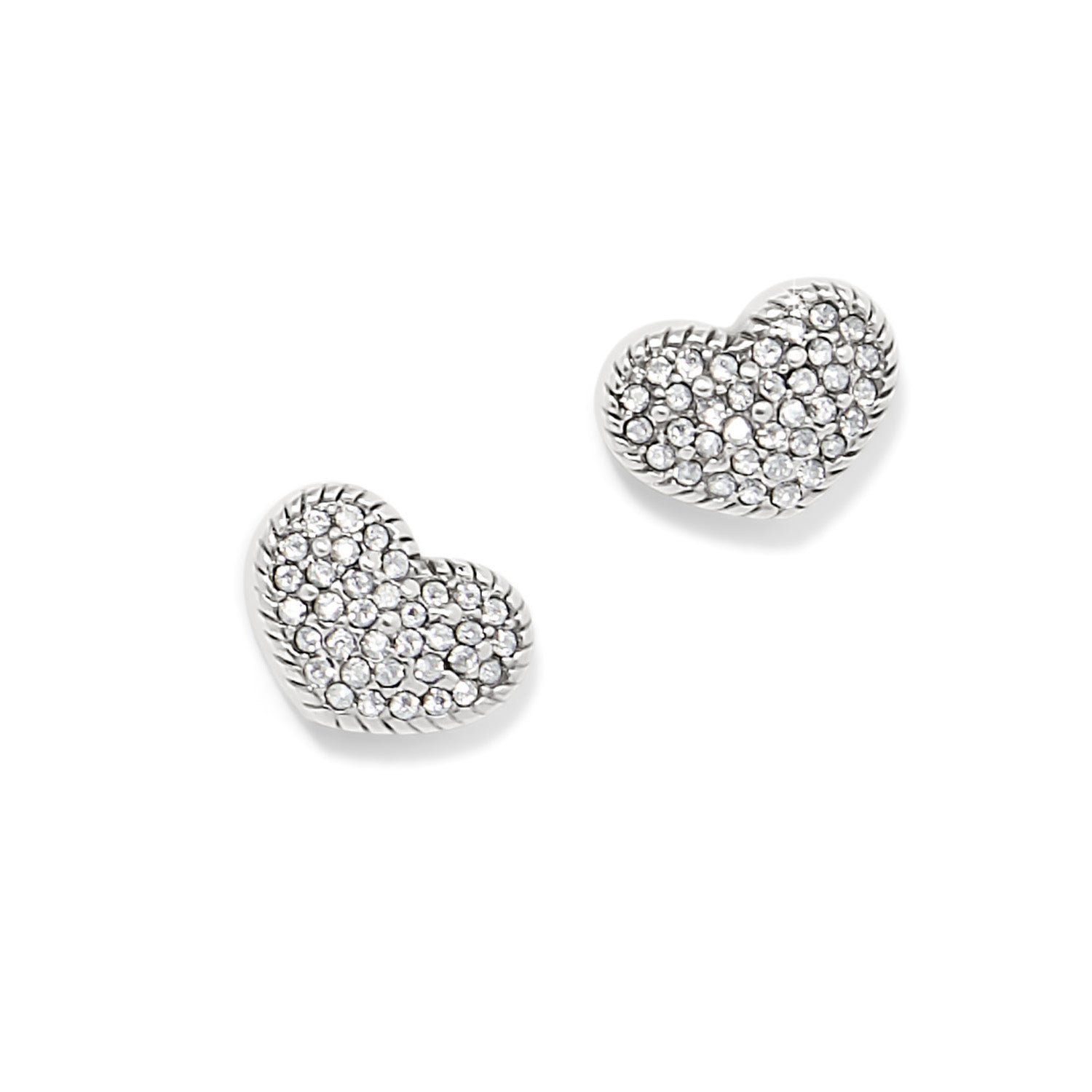 Silver plated heart-shaped post earrings with pavé set fine quality crystals and rope border.