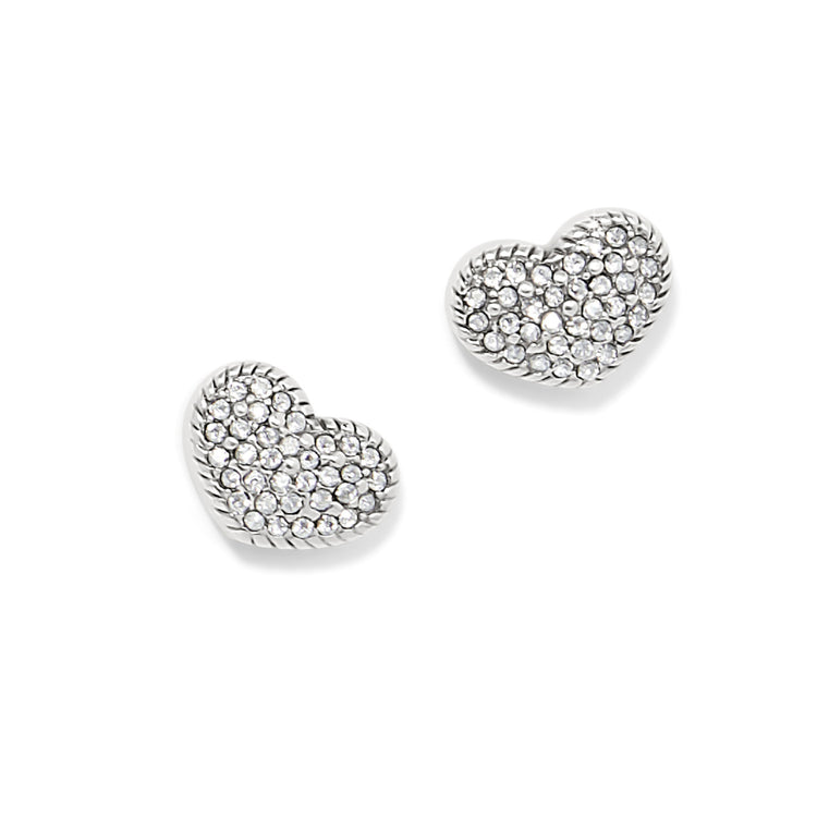 Silver plated heart-shaped post earrings with pavé set fine quality crystals and rope border.