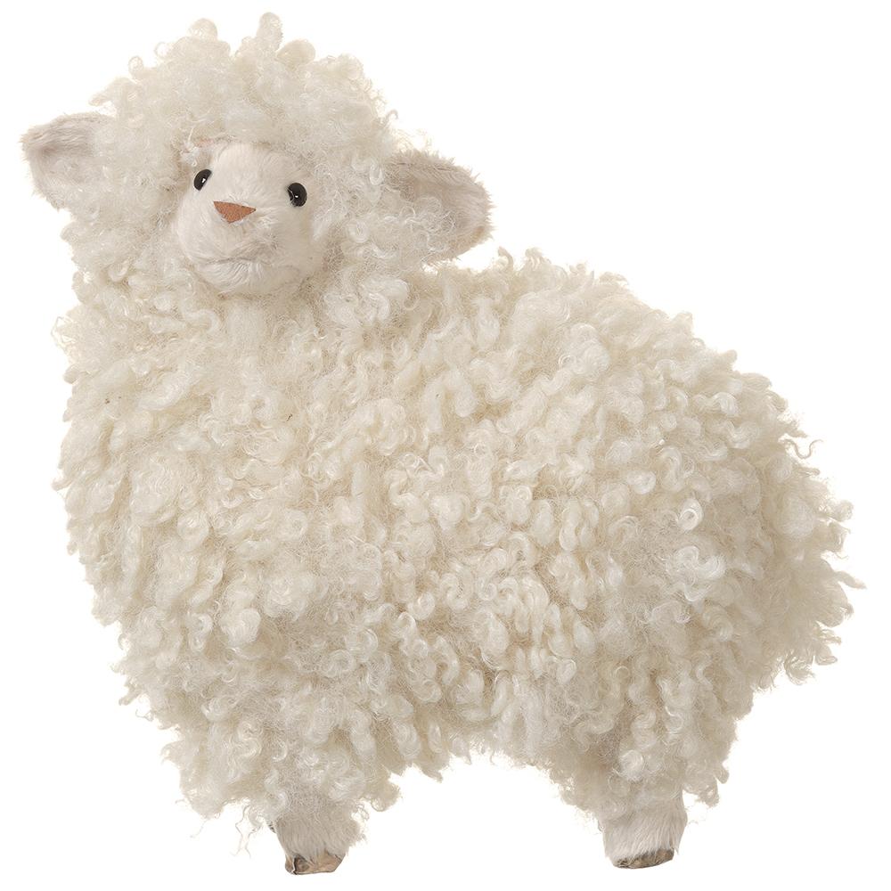Beige sheep plush toy with artificial fur body, plastic hooves, standing silhouette.