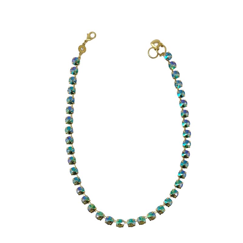Gold Classic Necklace - New Orleans featuring iridescent blue and green crystals in gold settings.