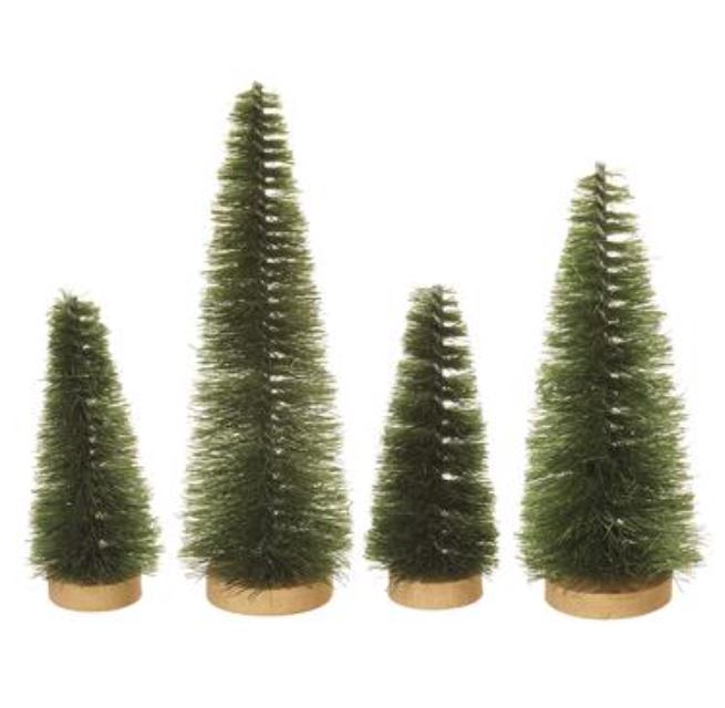 Four green sisal bottle brush trees in varying heights on round wooden bases.