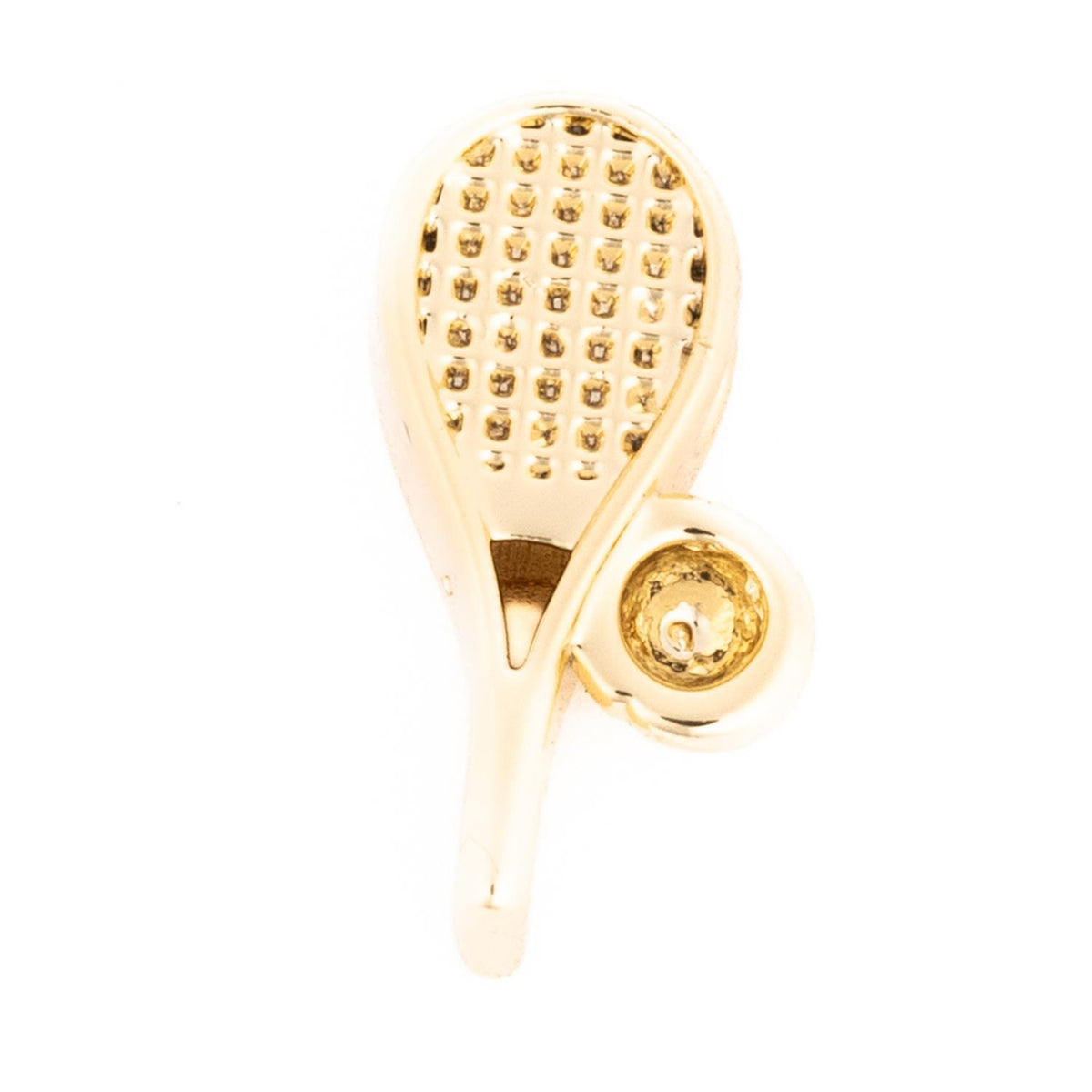 Gold tennis racket and ball charm with textured string details.