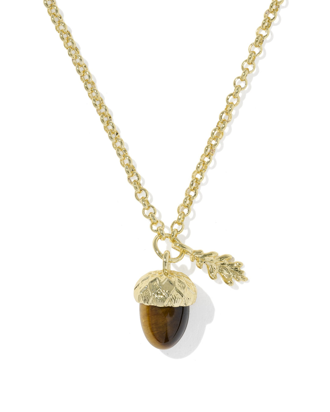 Gold chain necklace featuring a tiger's eye acorn pendant and a small gold oak leaf charm.