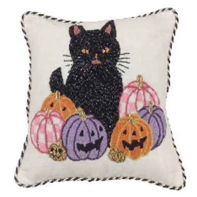 Hocus Pocus cat throw pillow featuring a black witch silhouette on a white background with purple and orange accents.