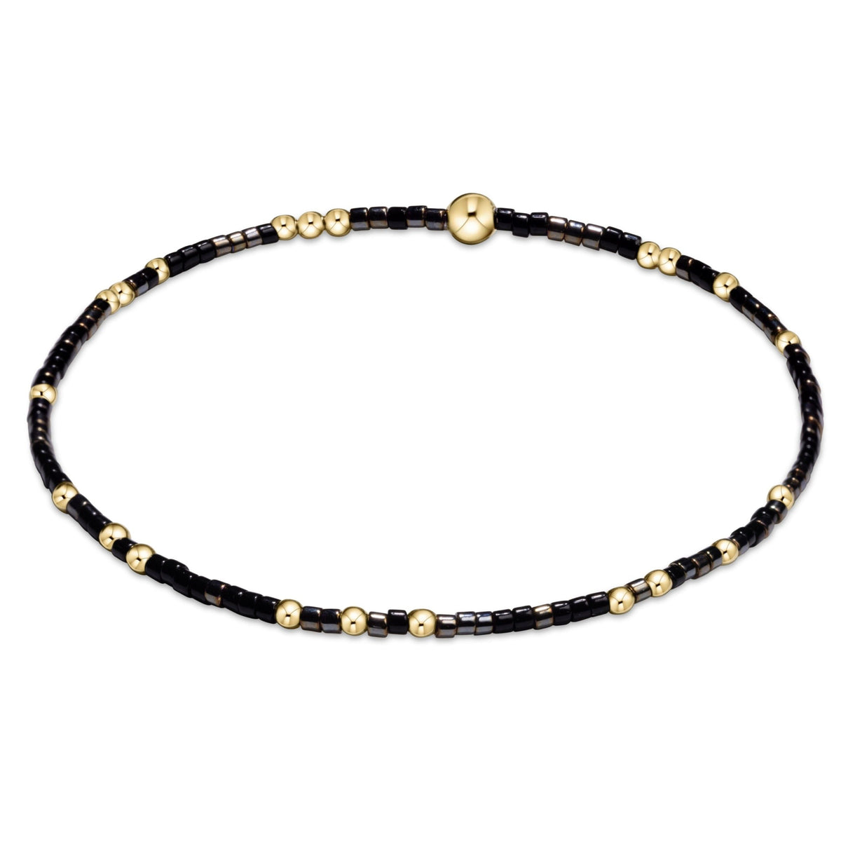 Hope Unwritten bracelet featuring mixed seed beads in various colors with gold-filled accents on elastic cord.