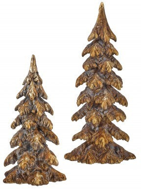 Two textured resin Southern tree figurines in a bronze finish, available in two sizes.