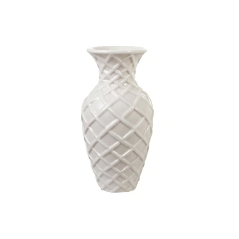 White stoneware vase with a raised basket weave lattice texture and flared rim.