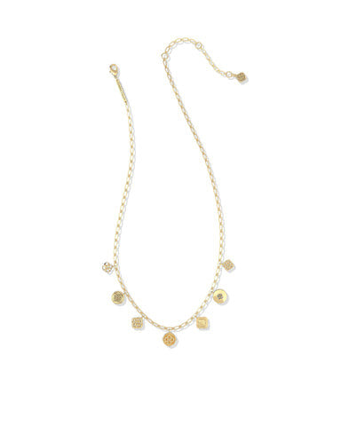 Dira Charm Necklace in gold featuring a delicate chain with seven small, ornate circular charms.