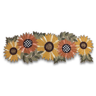Handmade sunflower beaded table runner with yellow and orange flowers and checkered centers.