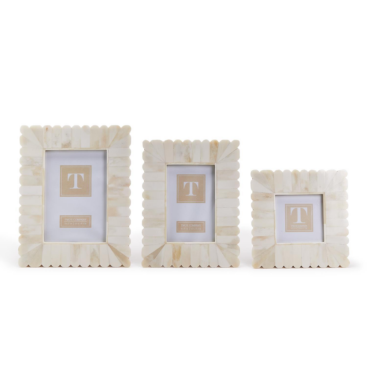 Three scalloped bone photo frames in varying sizes with a cream and tan marbled finish.