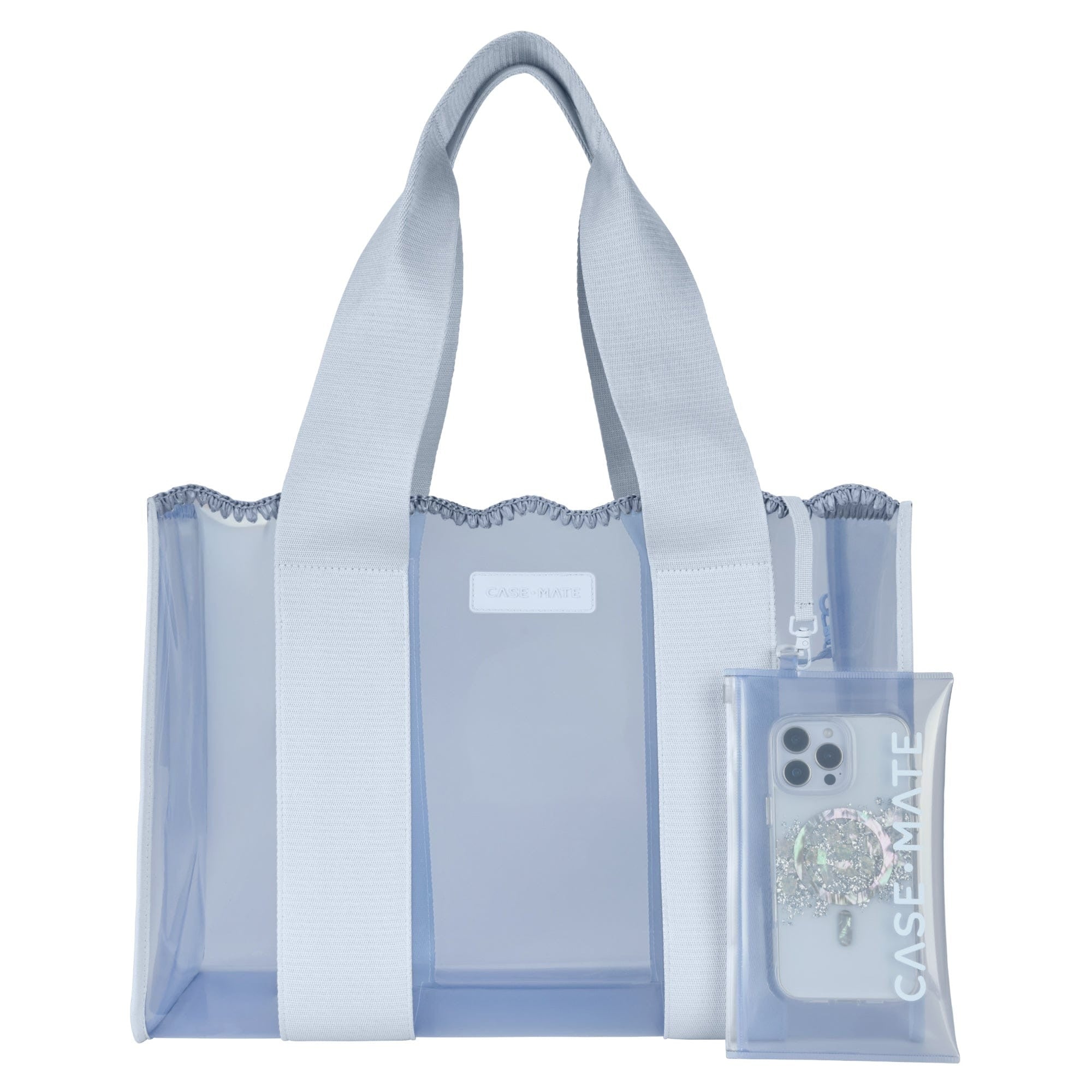 Carolina Blue jelly tote bag with wide jacquard straps, wavy trim, and matching phone pouch.