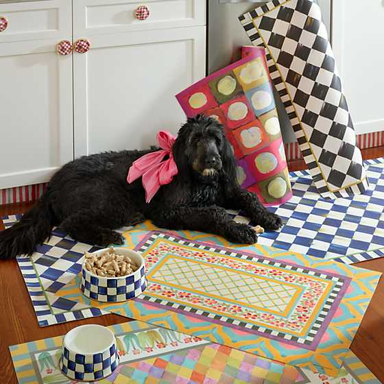 Medium Royal Check enamel pet dish with hand-painted blue check pattern on steel body and bronzed stainless rim.