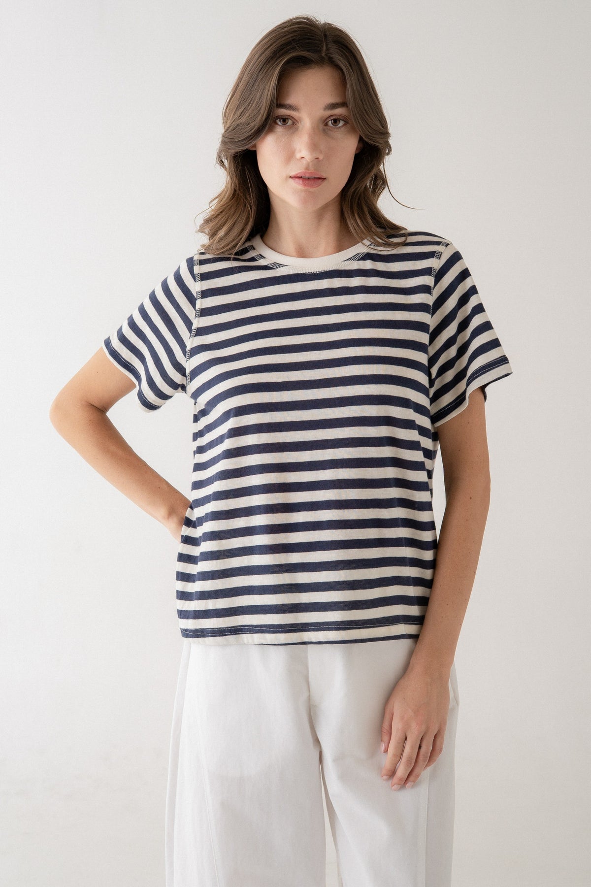 Camila Classic Bold Stripe Crew Tee in soft knit fabric featuring wide horizontal stripes, crew neckline with contrast binding.