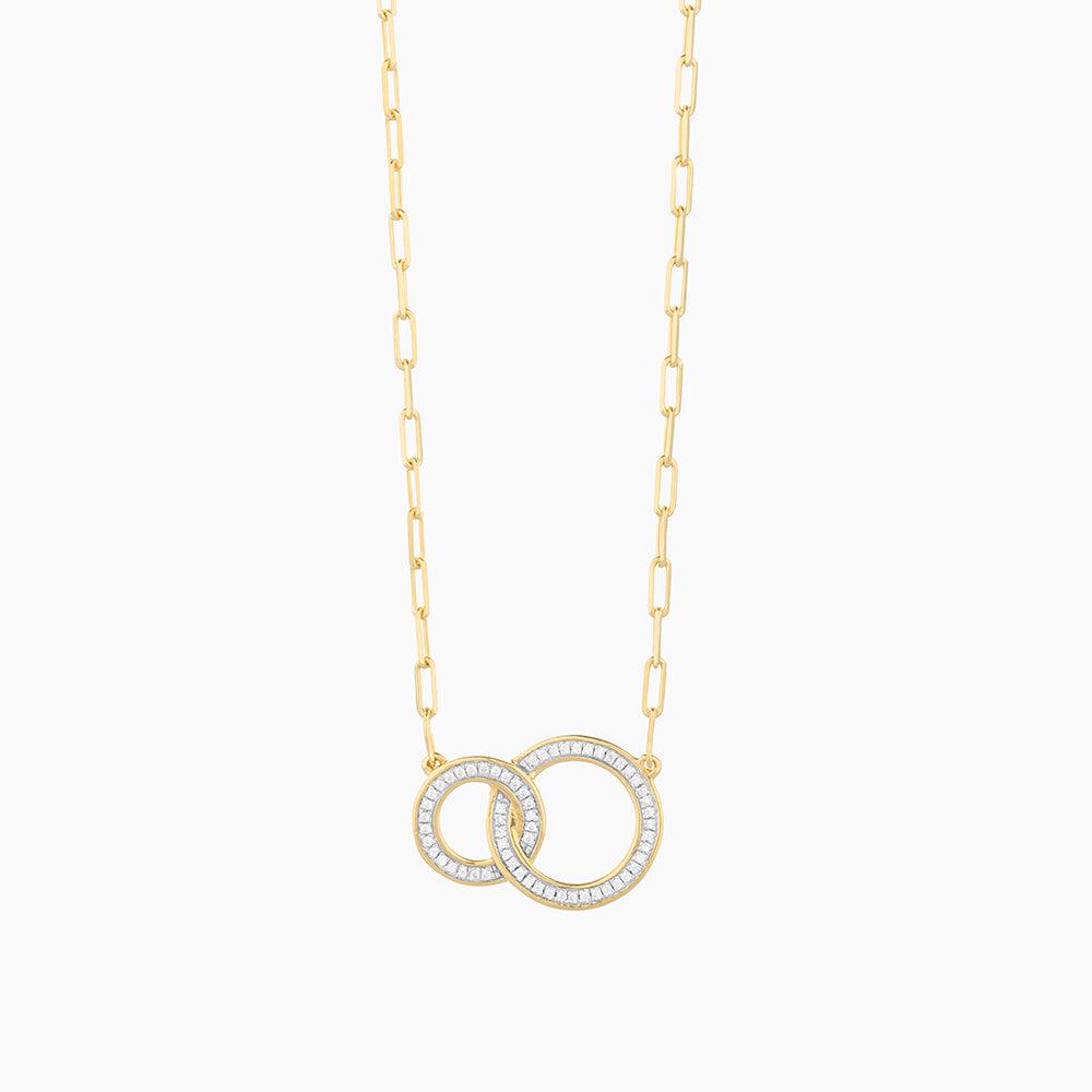Waterproof stainless steel pendant necklace with gold-plated finish featuring two linked circle designs on a chain.