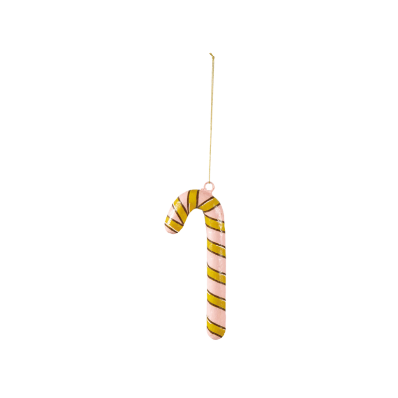 Pink and gold striped paper mache candy cane ornament with a gold hanging string.