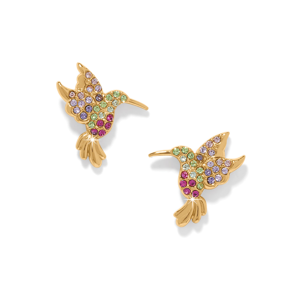 Gold-plated post earrings featuring a hummingbird silhouette with multi-colored crystal accents.