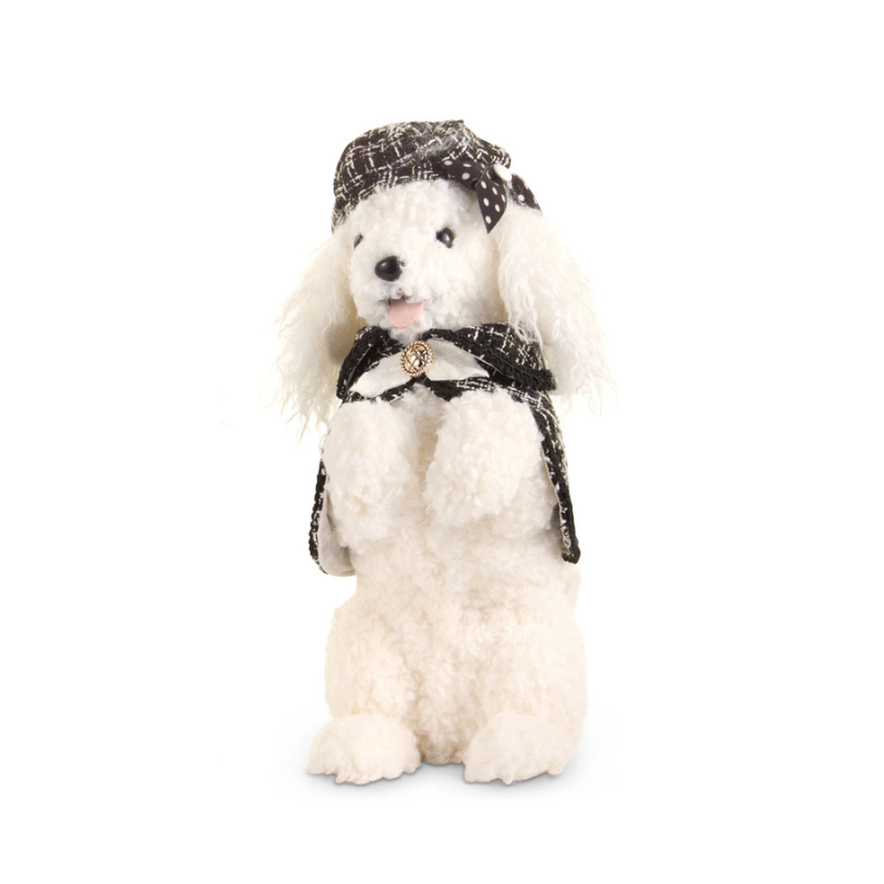 14-inch white plush poodle figurine wearing a black and white tweed cape and matching beret.