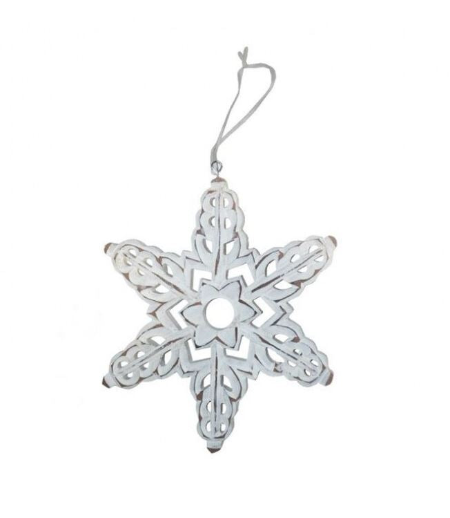 8-inch white etched snowflake ornament made of MDF with a hanging loop.