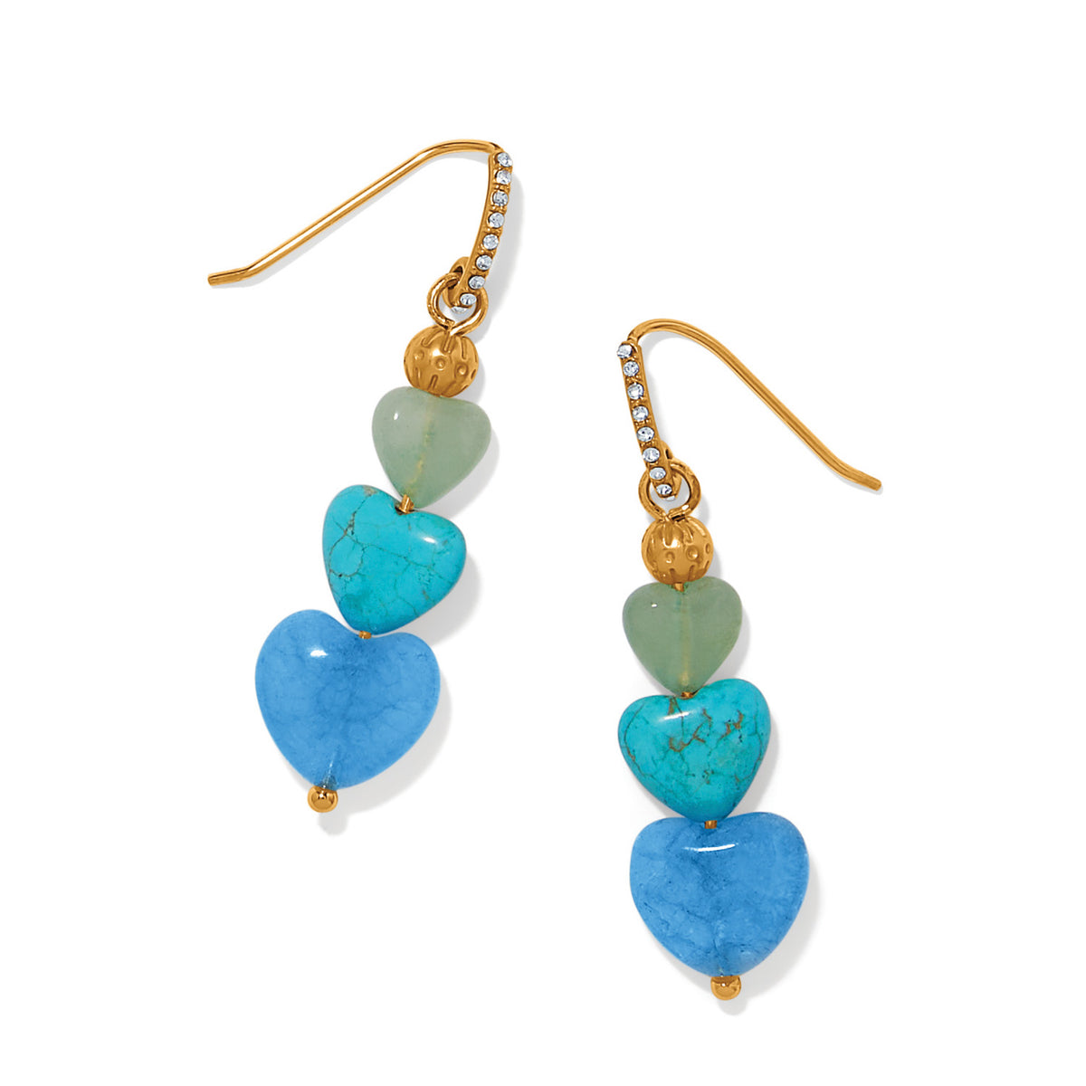 Gold-tone French wire earrings with three stacked heart-shaped stones in green and blue shades.